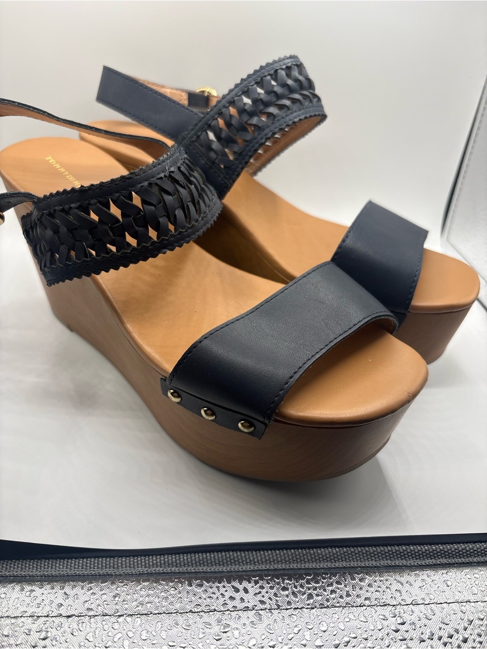Tommy Hilfiger Black Woven-Strap Platform Wedges